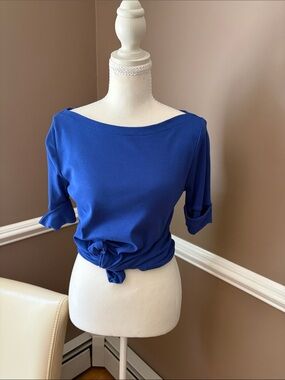 Lauren Ralph Lauren Royal Blue Boatneck Knot-Front Short Sleeve Top